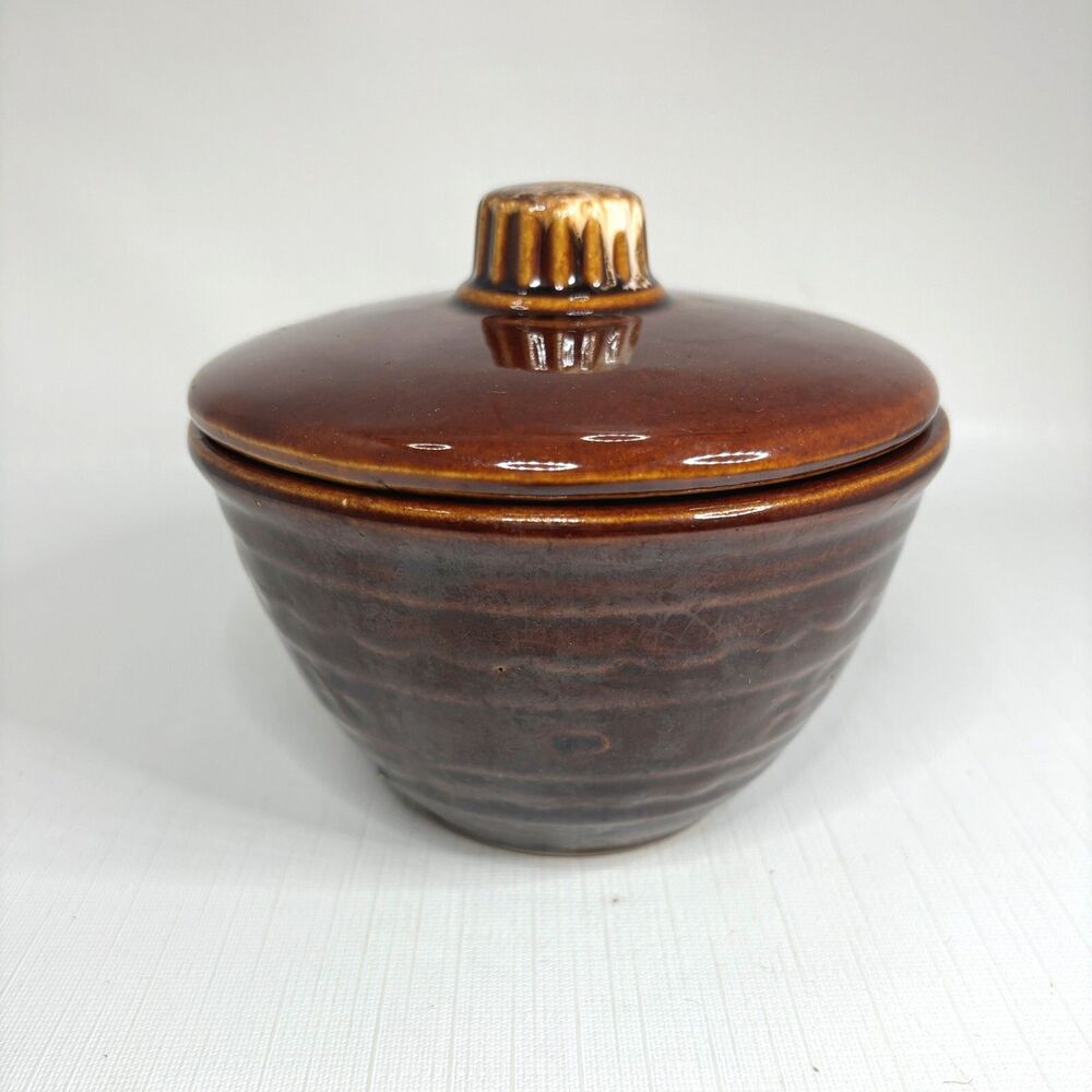 Marcrest Daisy Dot 1950s Brown Glaze Covered Bowl Stoneware Made USA Vintage